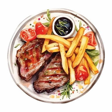 watercolor clipart simple and chic clipart, fries and entrecote in a plate, pattern, white background
