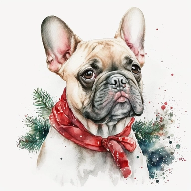 French bulldog in Christmas style, watercolor, little animals, clipart illustration,