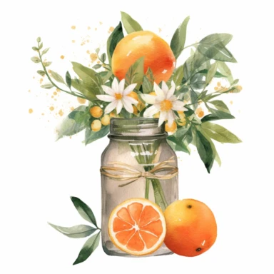 Create a watercolor oranges clipart with glass nd bouquets