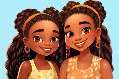 Two beautiful African American child black girls showing their artistic braided long Hair fashion, slightly smiling, clipart, nouveau style