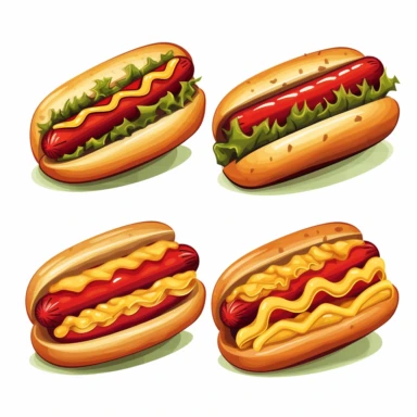 Set of four cartoon clipart of Hot Dog white background