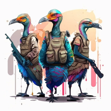 Illustration in boho style, clipart, sublimation drawing Alien wild geese in bulletproof vests and with weapons. Bright colorful colors. White empty background, high quality 8k, quality detail