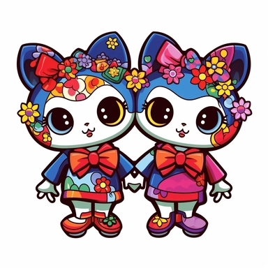 two Takashi Murakami style cats holding hands wearing cute dresses with big cartoon shoes, with bows in the hair , clip art, Japanese kawaii art