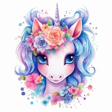 High level watercolor, hyper realistic cartoon, transparent background with margins, 8k, ultra detailed clipart, cute colorful unicorn, with big cute eyes, flower, and shimmering fairy dust, magical pattern, cool, fairy