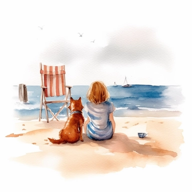 Watercolour cozy sitting on sand with dog by beach clipart