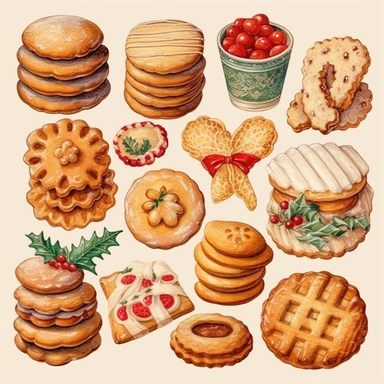 cliparts of christmas cookies, vintage illustration, in Pierre Redouté style, cottagecore aesthetics, high resolution, isolated on white background
