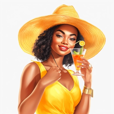pretty black girl, Sun Straw Hat Wide Brim Summer Hat Foldable Roll up Floppy Beach Hats, pretty, holding a cocktail drink, yellow outfit, 4k, hd, clipart