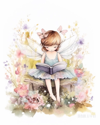 very simple watercolour childrens book style drawing of a cute fairy reading a book surrounded by flowers, pastel colours soft on white background for clipart, 8k