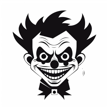black and white silhouette of a terrifying cartoon halloween clown with sharp teeth, clipart style, white background, thick lines, vector, simple design, flat colour, solid colour, halloweencore