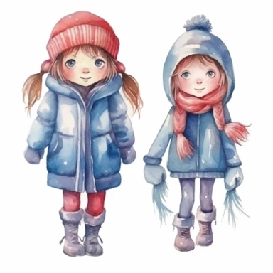 Set of watercolor cute little girl in winter clothes illustration for kids book, white backgroun, clipart, clean and crisp