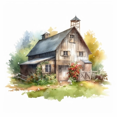 farm barn, a building made of typical American white wood, lots of plants, trees behind the building, watercolor, clipart, realistic