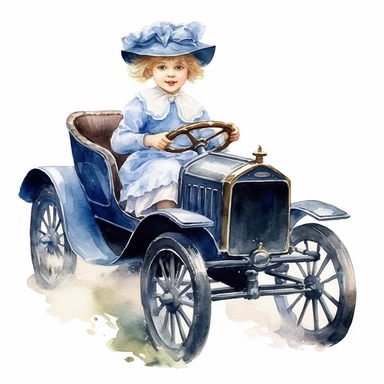 Watercolor Victorian baby girl in driving a dafk blue ford t car from the era clipart , on a white background, Illustration clipart, 4K, extremely detailed