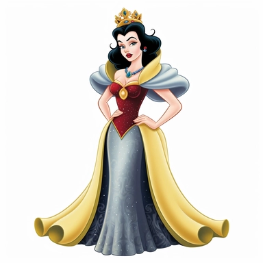 FULL-BODY PERSPECTIVE OF A 2D DISNEY CLIPART ILLUSTRATION OF A BEAUTIFUL AND BENEVOLENT QUEEN, WHITE BACKGROUND, STYLE OF DISNEY'S 1937 MOVIE SNOW WHITE, WHITE BACKGROUND