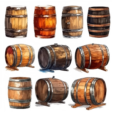 Beer Barrels: Paint clipart of wooden beer barrels, capturing the rich browns and intricate details of the barrel staves and metal bands, full color, clipart, watercolor illustration, single object, high definition 8k, white background for removing background