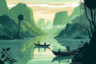 Mountains vector file. Forest landscape clipart. Camping and travel print.People guide their boats through tranquil, water color-like green reeds and algae on the Karatoya River in Bogra, Bangladesh Vector flat illustration