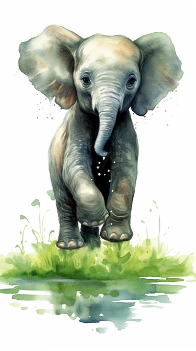 worlds cutest, adorable, realistic, life like image of a baby elephant with his trunk raised in the air and standing in a green grassy field and pond, watercolor clip art, white background ,artist rendition, sharp focus, extreme detail,