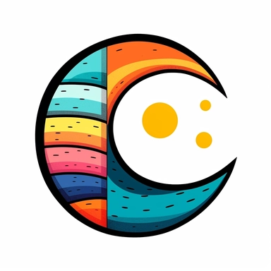 very simple yet funky clipart comic image of a 60s style colorful quarter moon on a white background