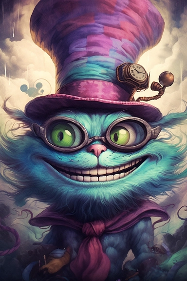 SURREAL cartoon cheshire cat with his huge grin is painted in many colors,, stormy clouds in the background with large head big eyes, huge eyeglasses, wearing pointed hat , swirling colors, intricately textured, highly detailed foliage, airbrushing, layer