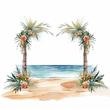 wedding on a beach, adorned with arrangement, wedding arch, watercolor clipart, realistic, bright colors, minimalist, isolated white background, 8k