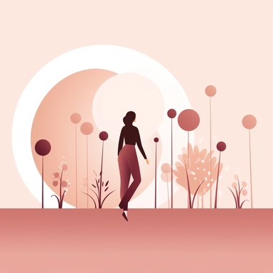 very basic forms illustration clipart, with very basic colours, light pink and brown shades, representing the success that women are constantly looking for, with a small silhouette of a lady walking towards the goals, with tiny flowers, very minimalist