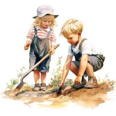 Clipart, a little boy and girl digging in a farm field with the shovel, a digital rendering by Laura Wheeler Waring, white background, shutterstock contest winner, american scene painting, detailed painting, watercolor, digital illustration
