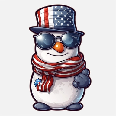 Sticker, American flag with snowman scarf and sunglasses Sublimation Clipart, Cartoon funny, Cute anime, Very detailed, white background