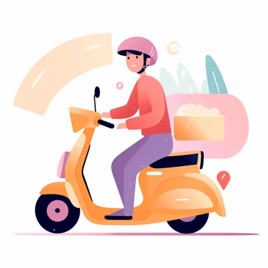 vector design, moped food delivery man, flat modern illustration, clipart, very simple picture, white background, soft gradient transition, in the style of warm color palette, natural pastel colors, object portraiture specialist, uniformly staged images, animated illustrations