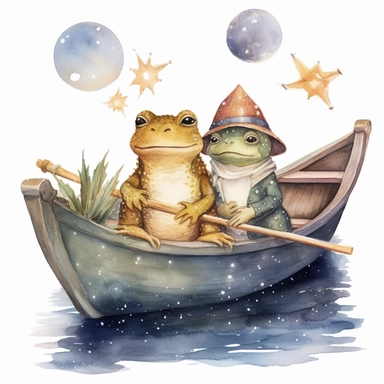 cute Cottagecore frog and toad in a boat on a pond with celestial accents, Clipart, watercolor, white background with margins