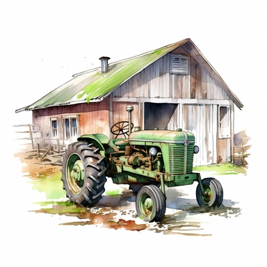 Farm Tractor , barn, farmhouse ,style by Lucy Fleming, watercolor, smooth gradients, black contour outline, ultra detailed, clipart elements, delicate pastel colors, solid white background, super clear, high quality
