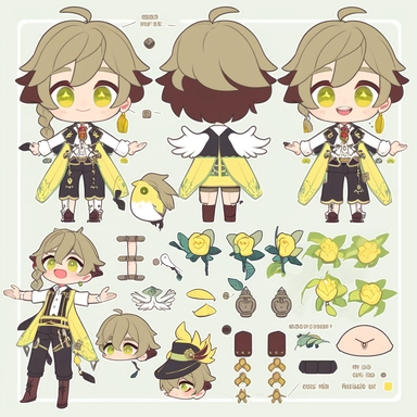 character sheet, knoling, clipart, inventory catalog, cute chibi character, golden wavy long hair, long bangs, yellow-green eyes, flat chest, beautiful young boy, gothic, frill, lace shirt, high West brown shorts, yellow bird, mimosa, yellow jewelry, ribbon