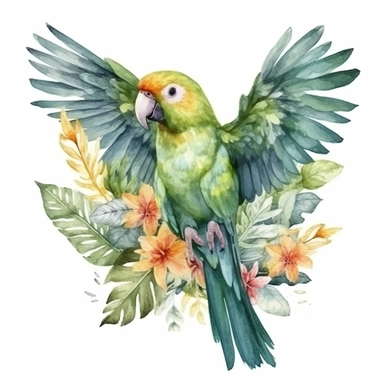 vibrant watercolor cute tropical green parrot flapping wings with flowers and leaves surrounding his feet clipart isolated no background