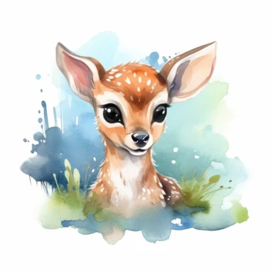 Create a caricature watercolor-style clipart focusing on a charming baby deer lying down. The baby deer is characterized by its disproportionately large head and oversized, expressive eyes, which twinkle with innocent curiosity. Its fur is a blend of light brown with gentle white spots adding texture to its coat. The caricature style enhances its youthful charm and cuteness. The deer is lying down, looking content and peaceful, conveying a sense of tranquility. The deer and the immediate foregro