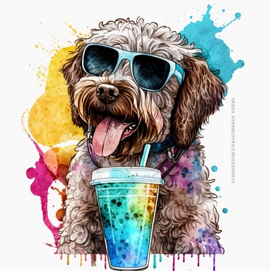 Funny Doodle Dog Watercolor Clipart Sunglasses Cold Drink Cute Doodle Dog PNG Commercial Use Dinking Doodle Dog Cute Illustration PNG Print