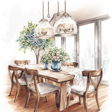 watercolor, hyper realistic, white background, white margins, 16k, ultra detailed clipart, cut out image, hand-drawn, whimsical a cozy dining room with a wooden table and white upholstered chairs, decorated with a hanging pendant light and a vase of white flowers
