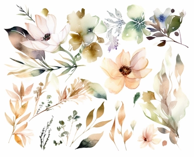 watercolor flower clip art for april, in the style of dreamlike composition, ethereal foliage, luxurious fabrics, pictorial dreams, beige, use of bright colors, poetic pastoral scenes