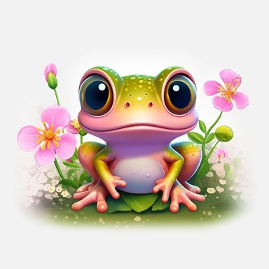 cute pink frog with big round eyes flowers, Illustration clipart, 4K, extremely detailed