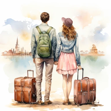 Travel Watercolor Clipart, a man and a woman, best friends, back side ,pastel color, single object ,isolated on white background, highly detailed, hand painted watercolor illustration by Cath Kidston, Emma Bridgewater, png transparent background, white background for removing background - - no text shadow font watermark