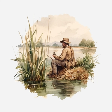 watercolor vintage fishing man, man in straw hat fishing among reeds by an idyllic lake clipart, no background, 4K