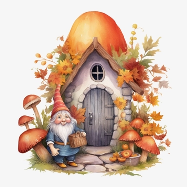 Watercolor, Gnomes Cutie, Cottage Garden Shed autumn Flower, clipart, on a white background.