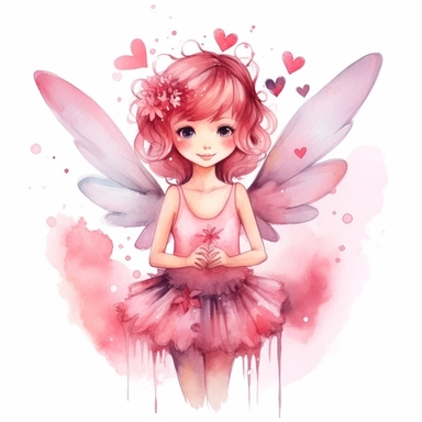 cute adorable forest fairy, pink forest fairy, fairy with wings, fairy loves hearts, fairy is happy smiling, fairy, watercolour illustration, soft light, fairy forest, clipart