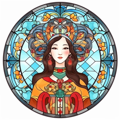 Vintage Cute Beautiful Round Stained Glass Korean fashion girl Sublimation Clipart, Cartoon, hyper realistic, intricate detail, illustration style, high solution, on the white background
