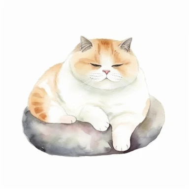 soft watercolor clipart, lazy fat cat, sit on pillow, cute, only white background