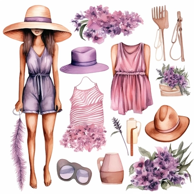 mauve, watercolor, summer vacation, black women, boho, clothing, clipart set