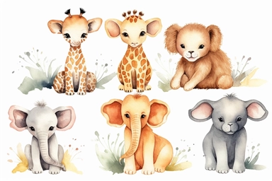 6 adorable watercolor safari giraffe baby animal illustration for kids clipart, hd, isolated on white background, spaced out