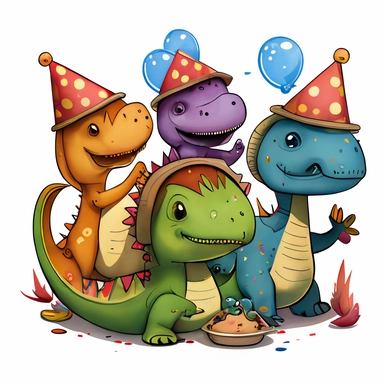 Dinosaur Birthday Boy celebrating with other dinosaur friends, sticker, clipart, happy, friends