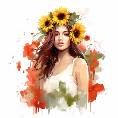 a watercolor of a girl in white dress with sunflowers on her head, cherry academy style, cherry red nuances, vector free clipart illustration, in the style of unreal engine 5, 32k uhd, detailed features, white background