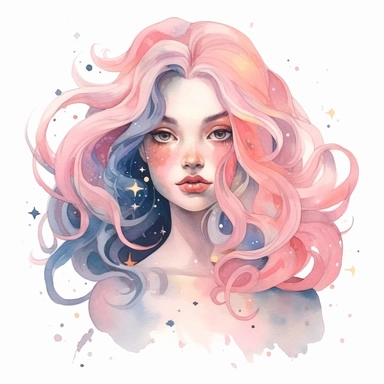 Cute zodiac sign Cancer, long hair, pastel colors, white background, fashion illustration, watercolor splash with galaxy elements, clipart, by Jack Hughes