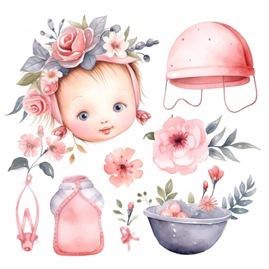 Clipart, cute, watercolor , hand painted, newborn baby elements, It's a girl clipart