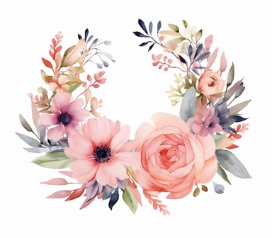 Delight in the beauty of nature's tapestry with this 3D watercolor clipart featuring a captivating floral wreath against a clean white background. The artwork showcases a harmonious arrangement of flowers painted with soft brushstrokes and vibrant colors, evoking a sense of natural elegance and serenity. Against the white background, the watercolor flowers stand out, creating a visually captivating composition. Whether for wedding invitations, wall art, or botanical-themed designs, this watercol