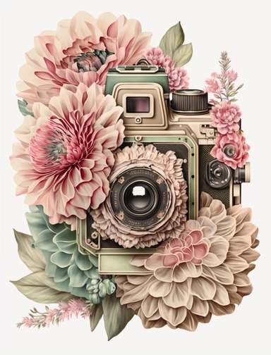 a watercolor vintage camera, profil view, surrounded by an intricate arrangement of dramatic extravagant ultra realistic digital pink and khaki 3D giant dahlias, in the style of large-scale photography, lush detailing, watercolor style, pastel colors, sacred geometry, origamy, photorealistic, playfully intricate, made of flowers, bloomcore, 8K, clipart, clear background